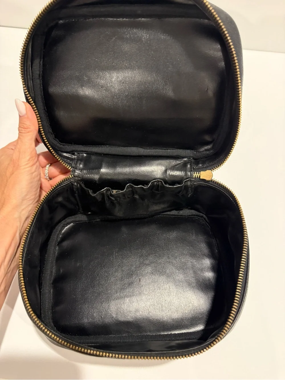CHANEL Black Caviar Leather CC Embossed Cosmetic Pouch with Gold Zipper